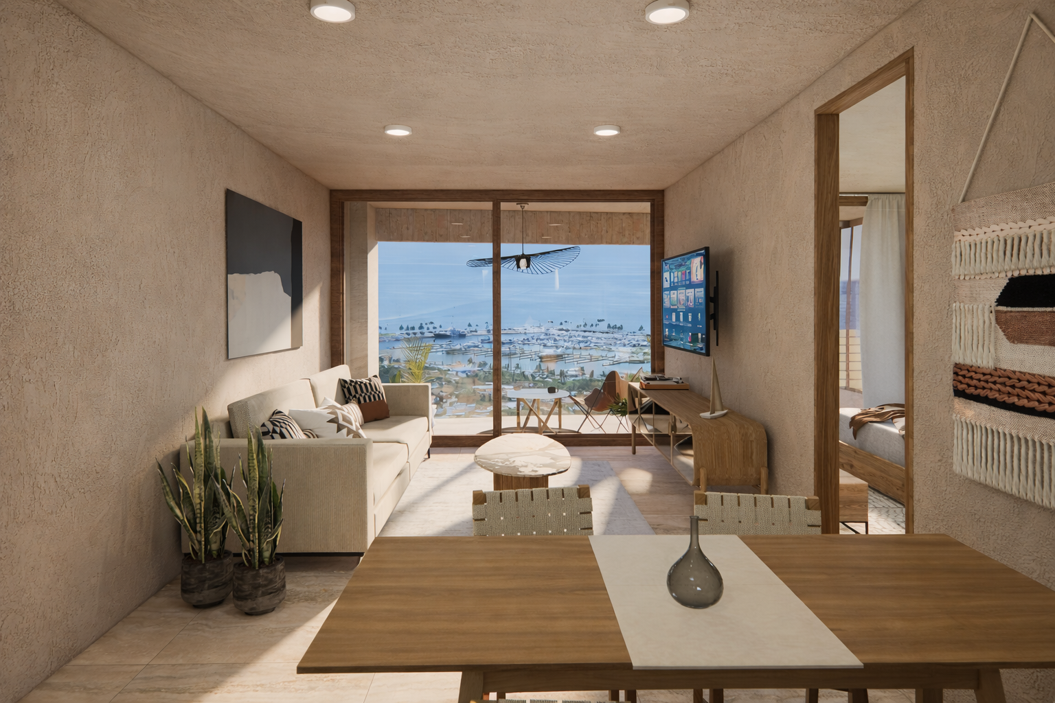 Render de estancia y comedor de la tipología F